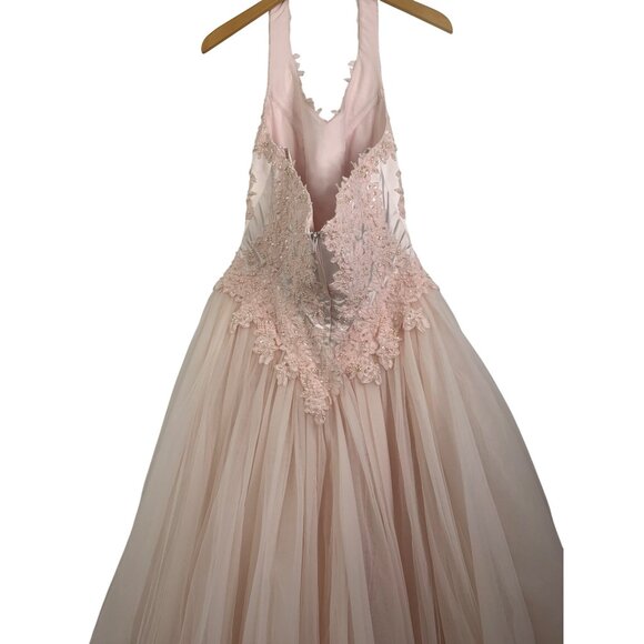 14W Davids Bridal Pink Halter Formal Gown Bead Floral Lace Tulle Dress 96280 - Picture 12 of 12